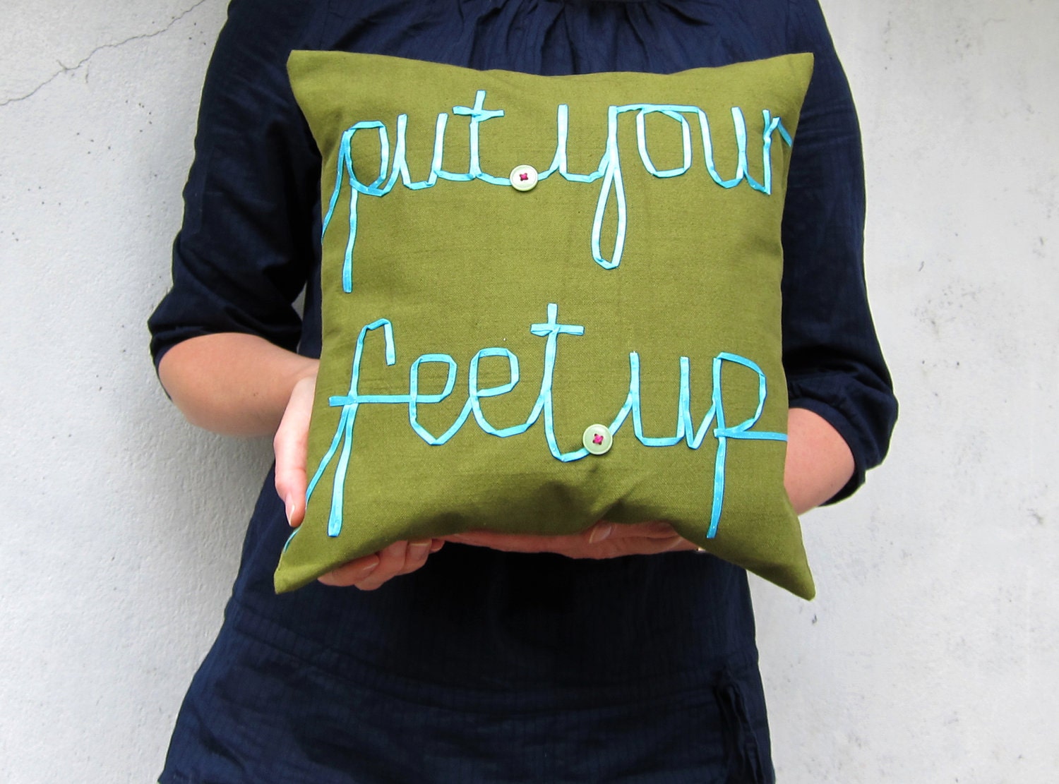 Put your feet up cushion ribbon lettering word pillow olive green aqua blue typography memake handmade cover