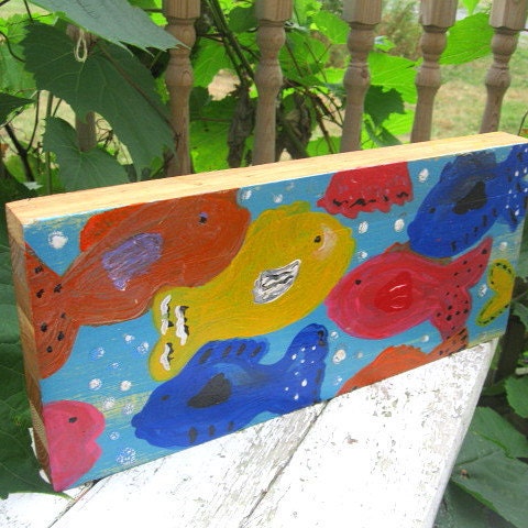 Primary FISH  Colorful Folk art hand painted wood block