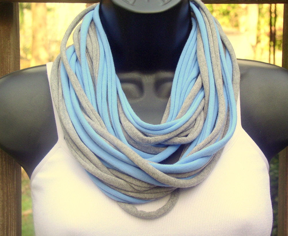 Tee Shirt Scarf - Necklace -Blue  and Gray - Infinity Loop