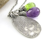 ON SALE Charm Necklace Green Peridot Purple Amethyst Gemstone Teardrop Antiqued Handmade Fashion Jewelry - Duets No. 70