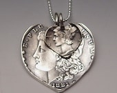 Silver Dollar Dime Hearts Necklace Mother Child 2 Vintage American Liberty Coins