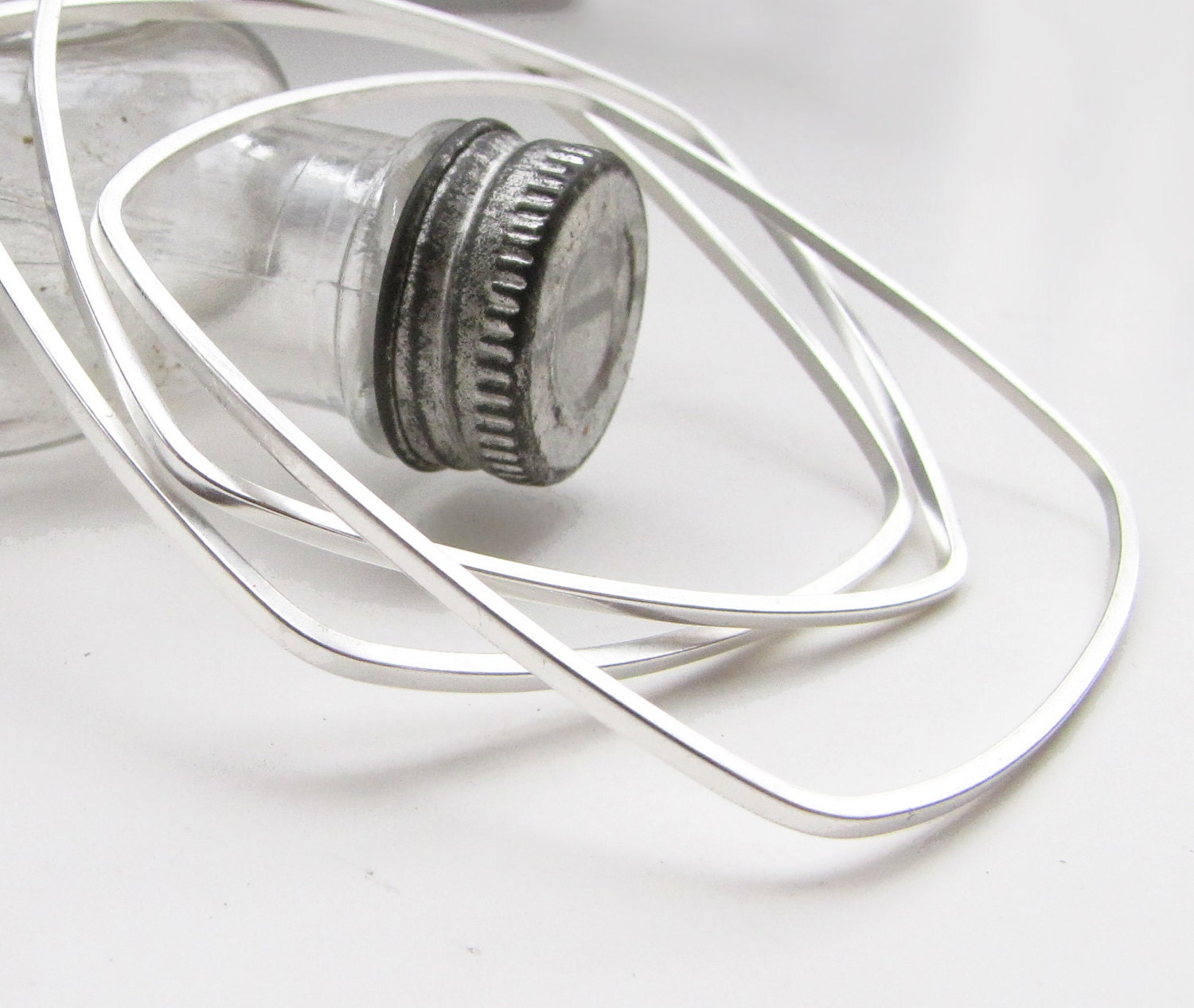 Square Bangles Silver Dipped - Trio of Bracelets - Three Narrow Geometric Stacking Bangles by Queens Metal