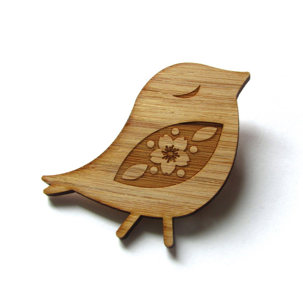 Happy Bird - Bamboo - Wood Brooch - Wood Pin - Laser Cut