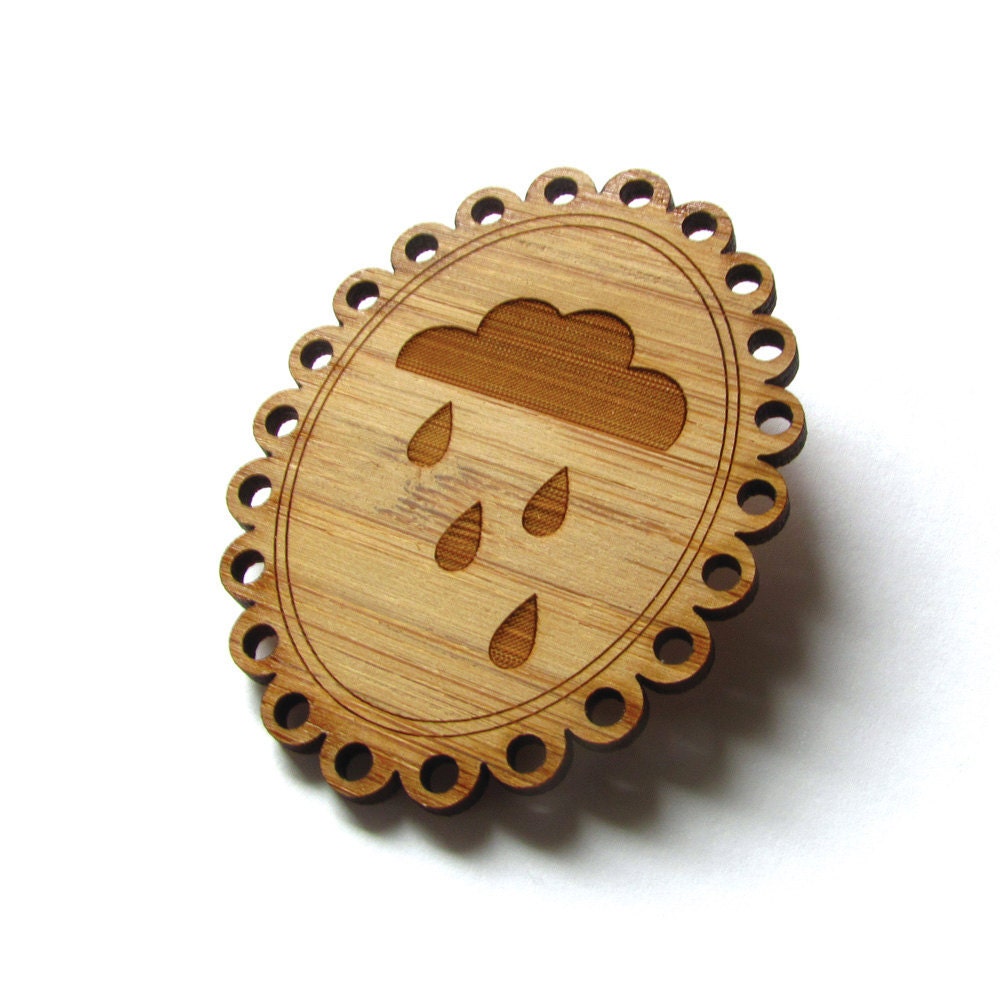 Rain Cloud - Bamboo - Wood Brooch - Wood Pin - Laser Cut