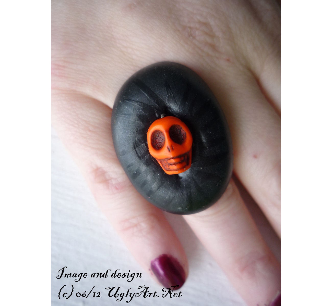 Large Black with Orange Skull ring by Ugly Shyla