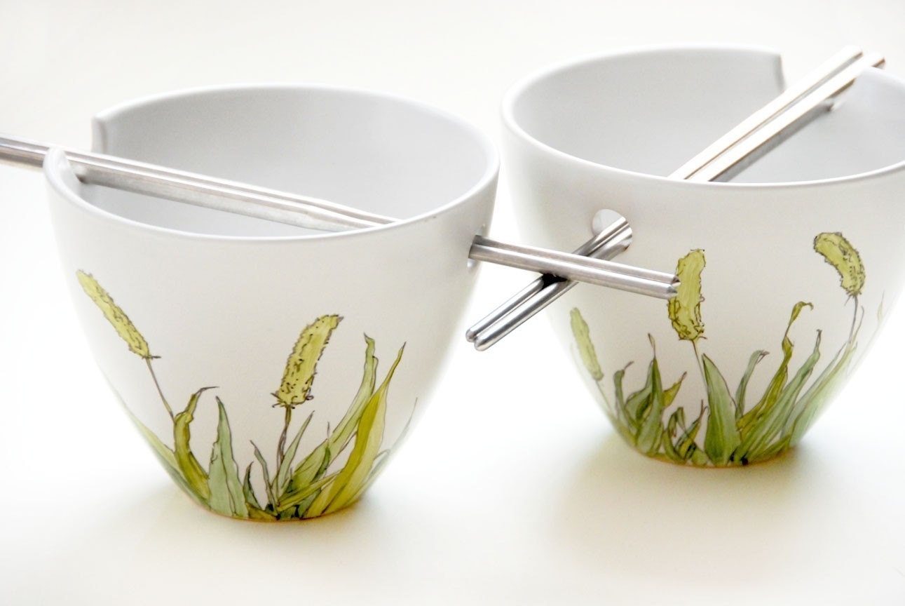 Noodle Bowl Set with Chopsticks - Grass Fields Collection - made to order