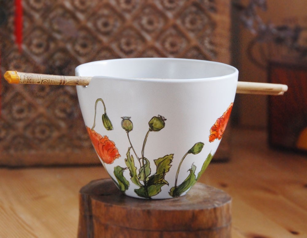 hand painted noodle bowl - Poppies - made to order