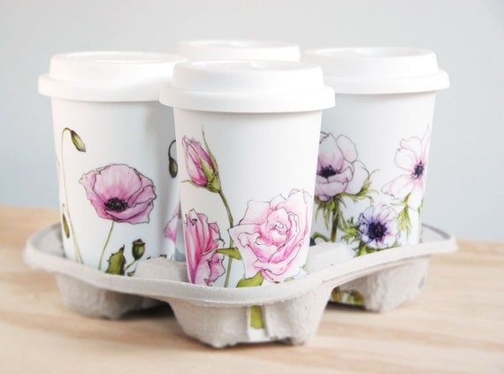 Personalized for You with Botanical Design - White Ceramic Eco Friendly Travel Mug Double Walled Porcelain with Lid