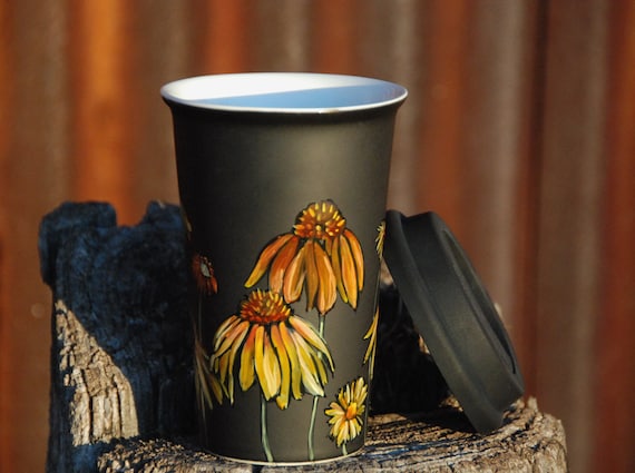 Eco-Friendly Black Ceramic Travel Mug - Limited Edition - Echinacea and Wild Flowers - made to order