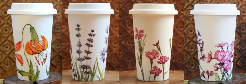 Personalized for You with Botanical Design - White Ceramic Eco Friendly Travel Mug Double Walled Porcelain with Lid