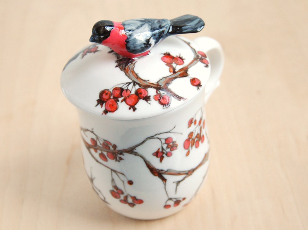 Hand Painted Tea Cup - Love Birds, Bullfinch