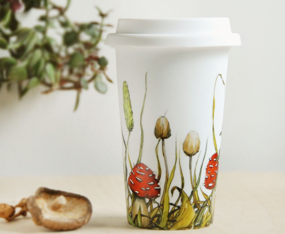 Illustrated White Ceramic Travel Mug Double Walled Porcelain with Lid - Shrooms and Grass Collection