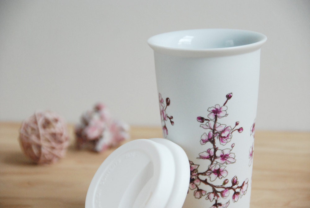 Eco-Friendly  Painted Ceramic Travel Mug - Cherry Blossoms - made to order