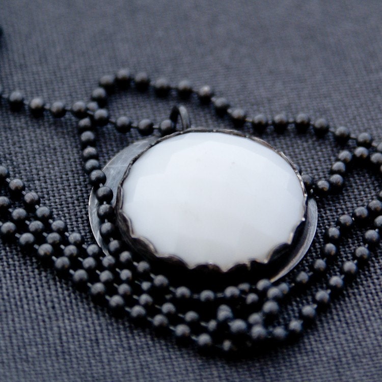 Milk. Necklace. Vintage White Glass Button in a Darkened Sterling Silver Setting