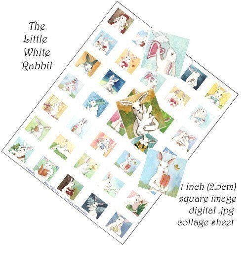 Little White Rabbit Digital Collage Sheet-  One inch Squares - Version 1