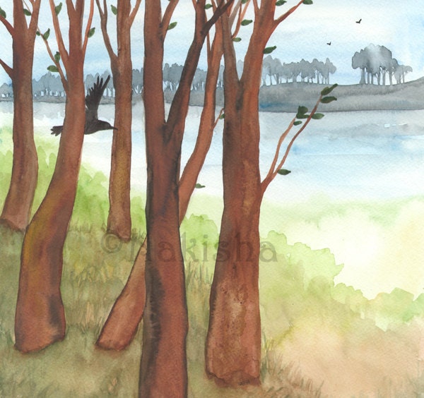Original  Watercolor Painting - Landscape - Crow in the Trees
