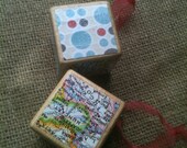 HandMade Europe Map and Polka Dots Decor Paper Upcycled Wooden Kids Block Ornament