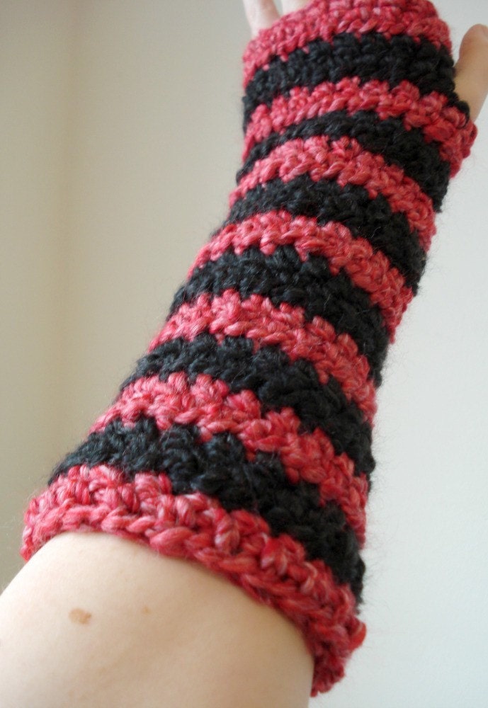 Raspberry Red and Black Striped Crocheted Arm Warmers (size S-M)