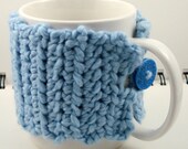 Coffee Mug Cozy in Ice Blue Organic Cotton with Blue Button