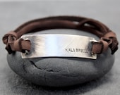 BOX LEATHER, Adjustable Bracelet, Cuff, Men, id, name, initials, hand stamped, sterling, silver, 92.5, heavy