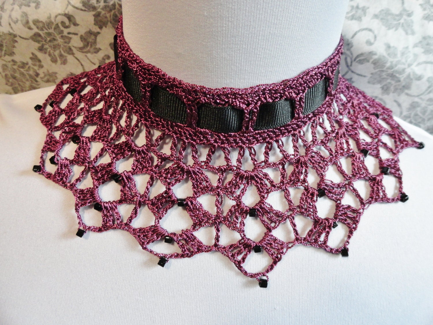 Wine Purple Beaded Gothic Steampunk Victorian Noir Black Mourning Lace Vampire Crochet Choker Necklace