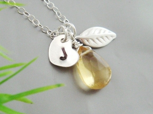 Customize Heart Initial Birthstone necklace, Citrine, Leaf charm, Monogram Necklace STERLING Silver, Bridesmaid Gifts, Mother's Jewelry