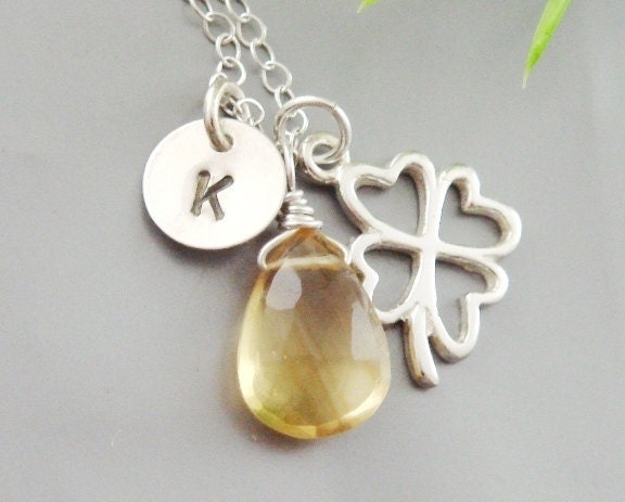Your Initial necklace, Citrine November, Lucky Clover, Monogram Charm STERLING Silver Necklace, Bridesmaids gifts, FALL Wedding jewelry