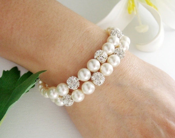 Wedding Jewelry Bracelet, Layered Double Strand Pearl and Rhinestone Crystal Diamond Silver Bracelet, Kimberly, Bridesmaid, Bridal Jewelry