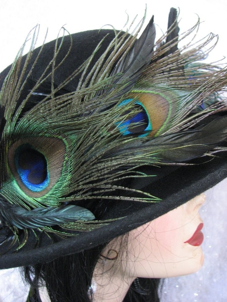 Hat Black Wool Derby with Peacock Feathers