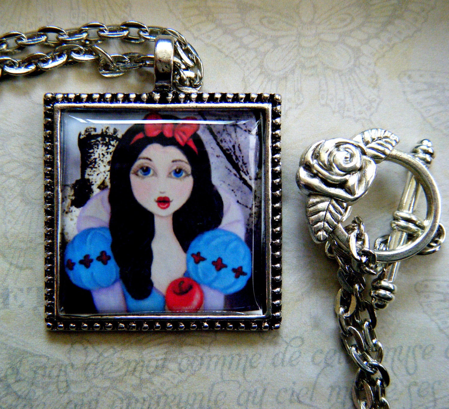 Snow White Mini Art Print Necklace, Frame Pendant, Antique Silver, Fairy Tales, Once Upon a Time, Storybook Art