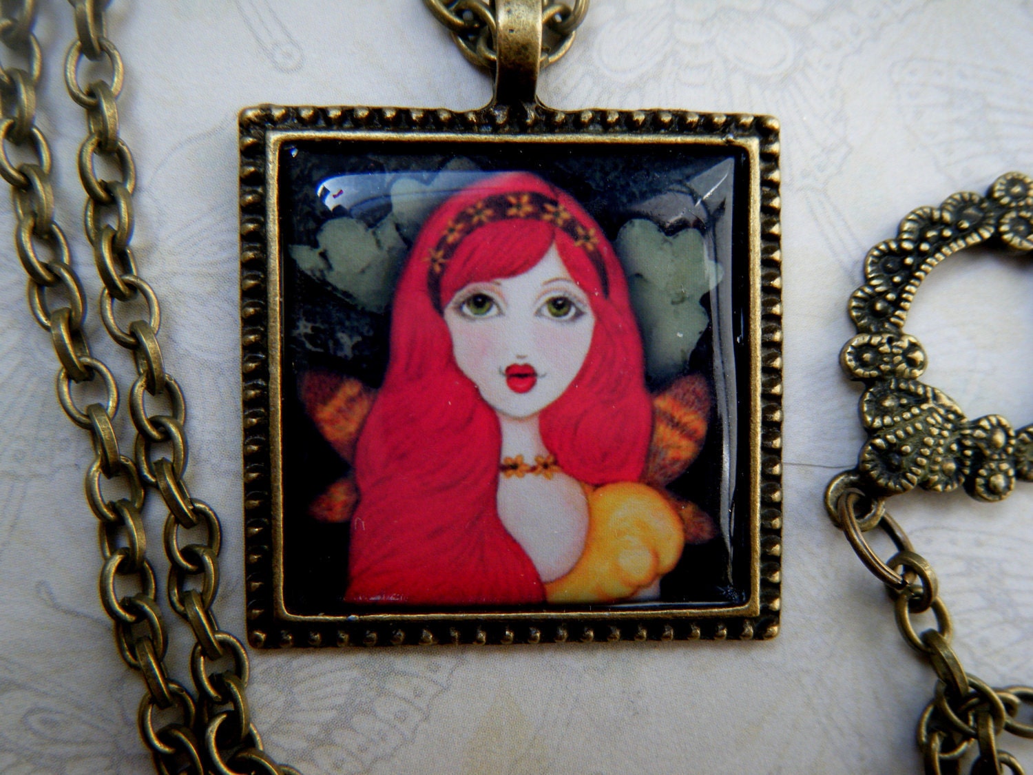 Thumbelina Mini Art Print Necklace, Frame Pendant , Antique Copper, Fairy Tales, Storybook Art