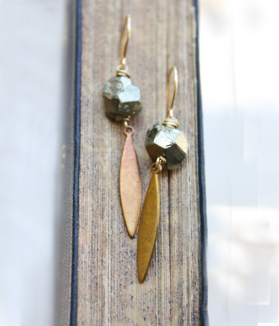 pyrite earrings, natural rough raw gold jewelry, vintage brass spike, boho tribal