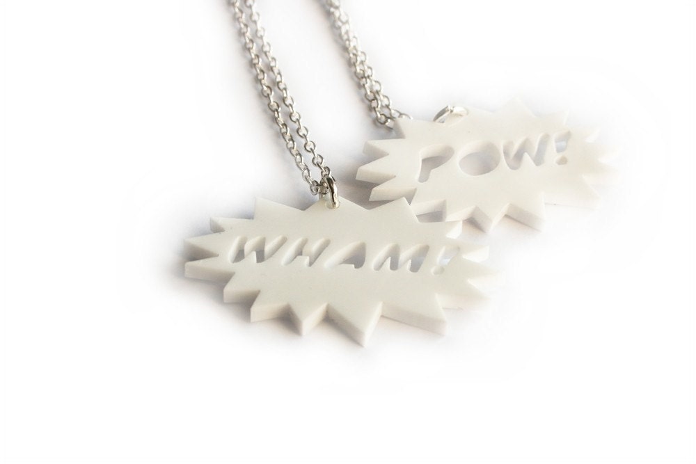 SALE WHAM Necklace Comic Book plastic laser cut WHITE batman spiderman superman