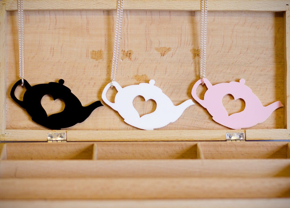 SALE Teapot necklace tea laser cut plastic acrylic white