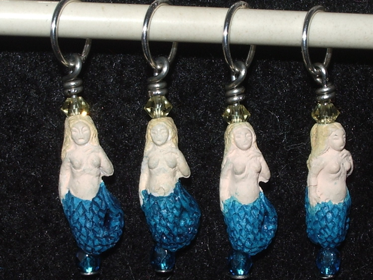 Mermaid ceramic stitch markers with yellow and blue crystals - set of four