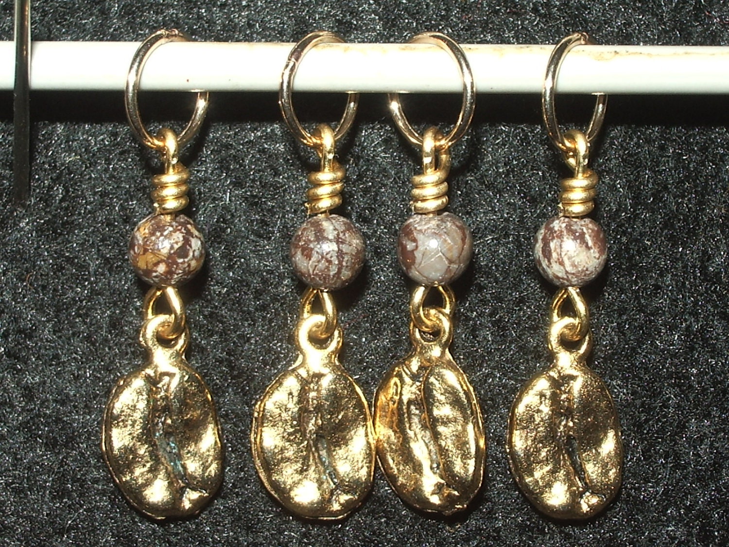 Coffee bean stitch markers with picture jasper rounds - set of four