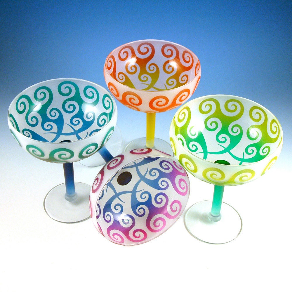 Margarita Glasses - Spiral Waves - Set of 4 - Custom Painted Glassware