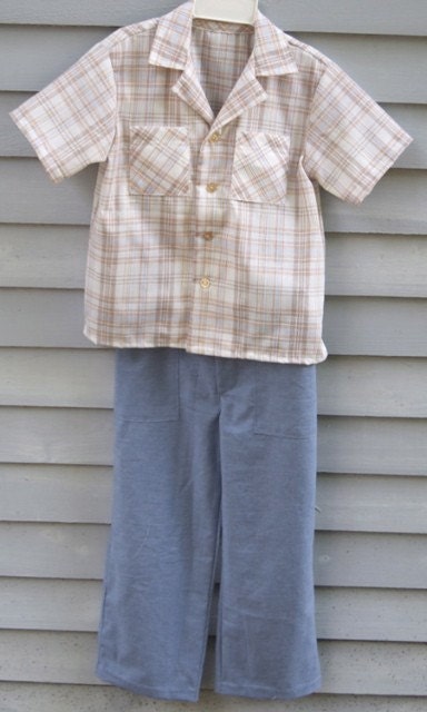 Brown\/blue shirt and pants set, boy size 5