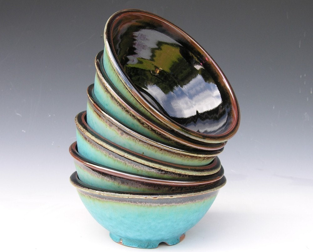 Noodle Bowls - Made to Order - Turquoise Black Brown - Set of 6