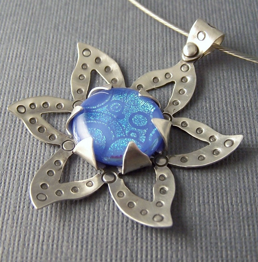 Ready to Ship One of A Kind Sterling Silver  and Periwinkle Dichroic Fused Glass Flower Pendant