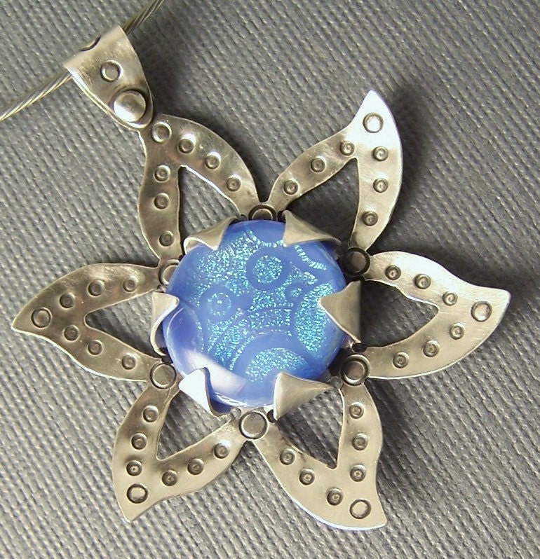 Ready to Ship One of A Kind Sterling Silver  and Periwinkle Dichroic Fused Glass Flower Pendant