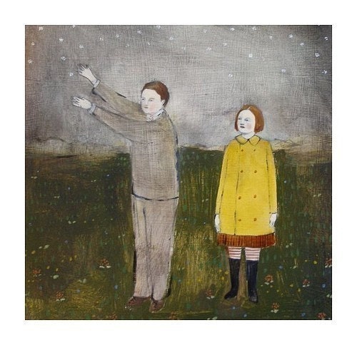 fine art giclee print - as lucy watches, jules collects the first snowflakes of winter