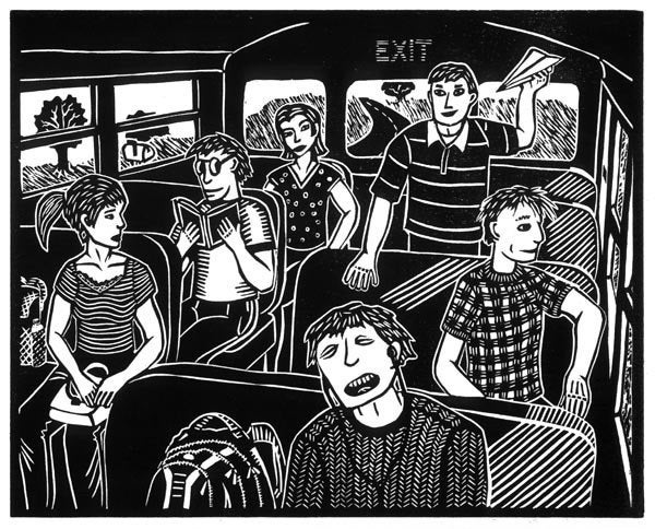 AFTERNOON BUS linocut by Lev