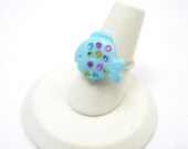 Blue Fish Ring with Swarovski rhinestone accents on a silver adjustable ring band