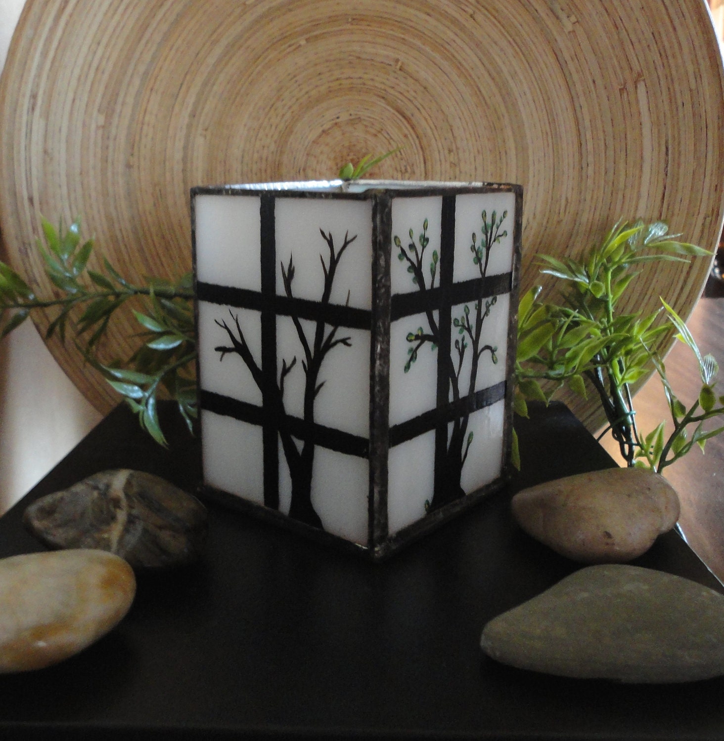 Japanese Shoji Lantern, Stained Glass Candle Holder, Hand Painted Four Seasons, Home Decor