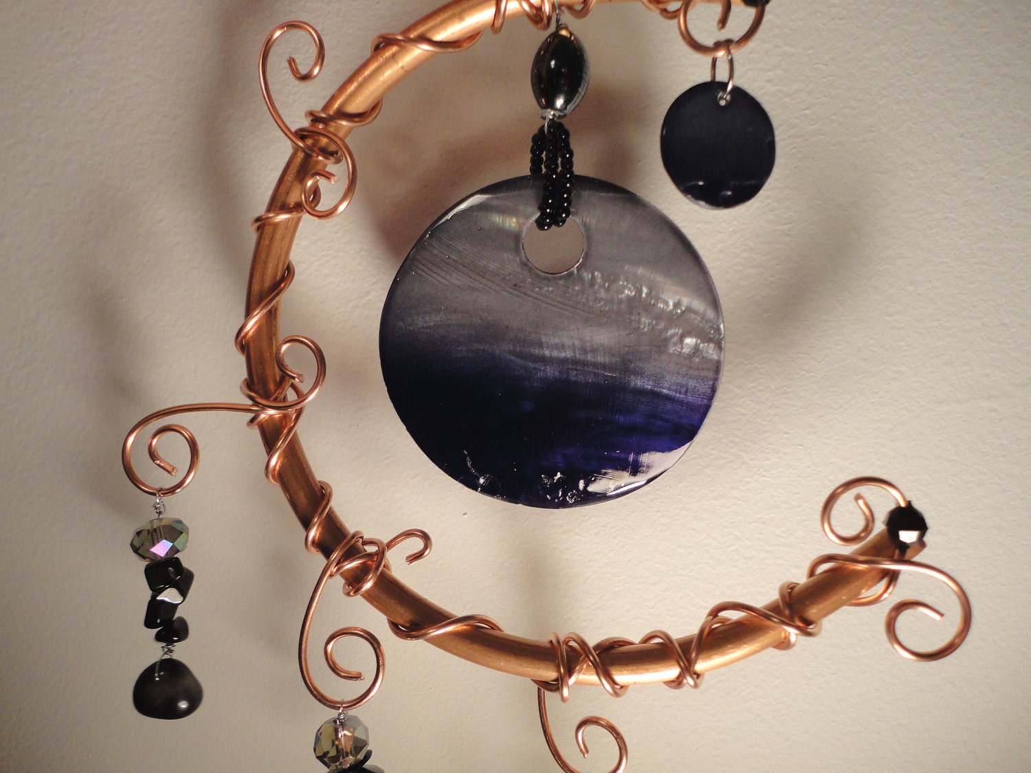 SALE, Dark Side of My Copper Moon, Garden Sculpture, Mobile, Wall Hanging, Black