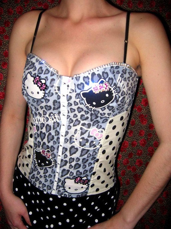 Rockabilly, Pinup, Gothic Swarovski Rhinestone Hello Kitty Polka Dot, Black  leopard Corset