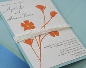 Wedding Invitation - tangerine orange and aqua blue - raffia wrap -  set of 25