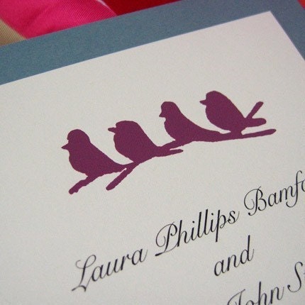 Bird print wedding invitations screenprint in wine purple ink and blue moon backing