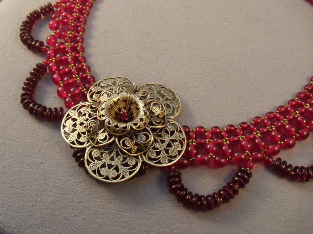 Lady Jane Beadwoven Necklace in Ruby Glass and Brass